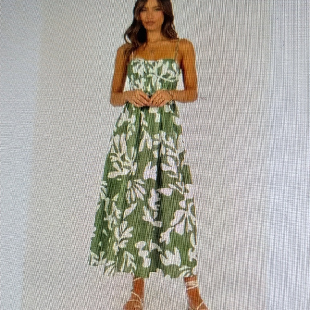 New Green Payton Tropical Print Shirred Bodice Slimming Flowy Beach Midi Large - Picture 5 of 15